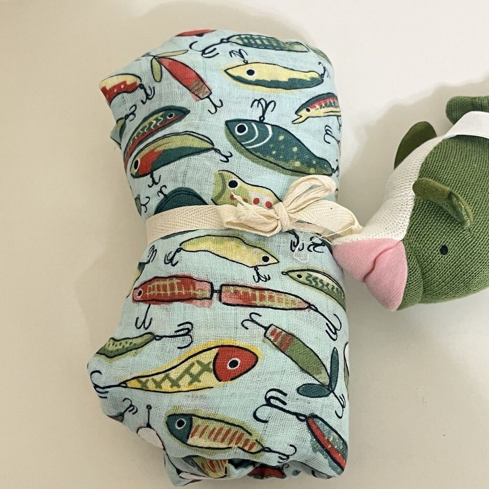 Mud Pie Fishing Lure Muslin Swaddle Blanket & Fish Rattle Baby Set - Picture 5 of 9